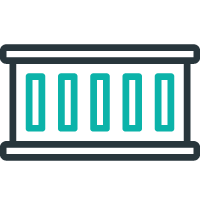 Simple icon of a shipping container with five vertical bars inside, representing a generator set or containerised equipment.