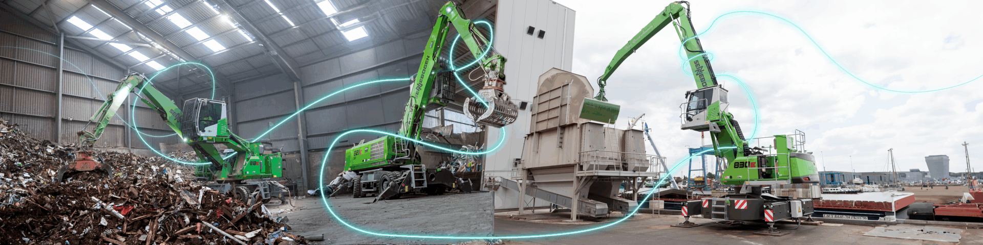 Three green SENNEBOGEN electric material handlers working indoors and outdoors with a glowing blue power line effect.