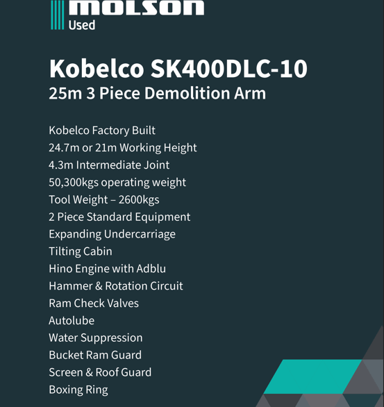 Kobelco SK400DLC-10 25m 3 Piece Demolition Arm - Crawler Excavators